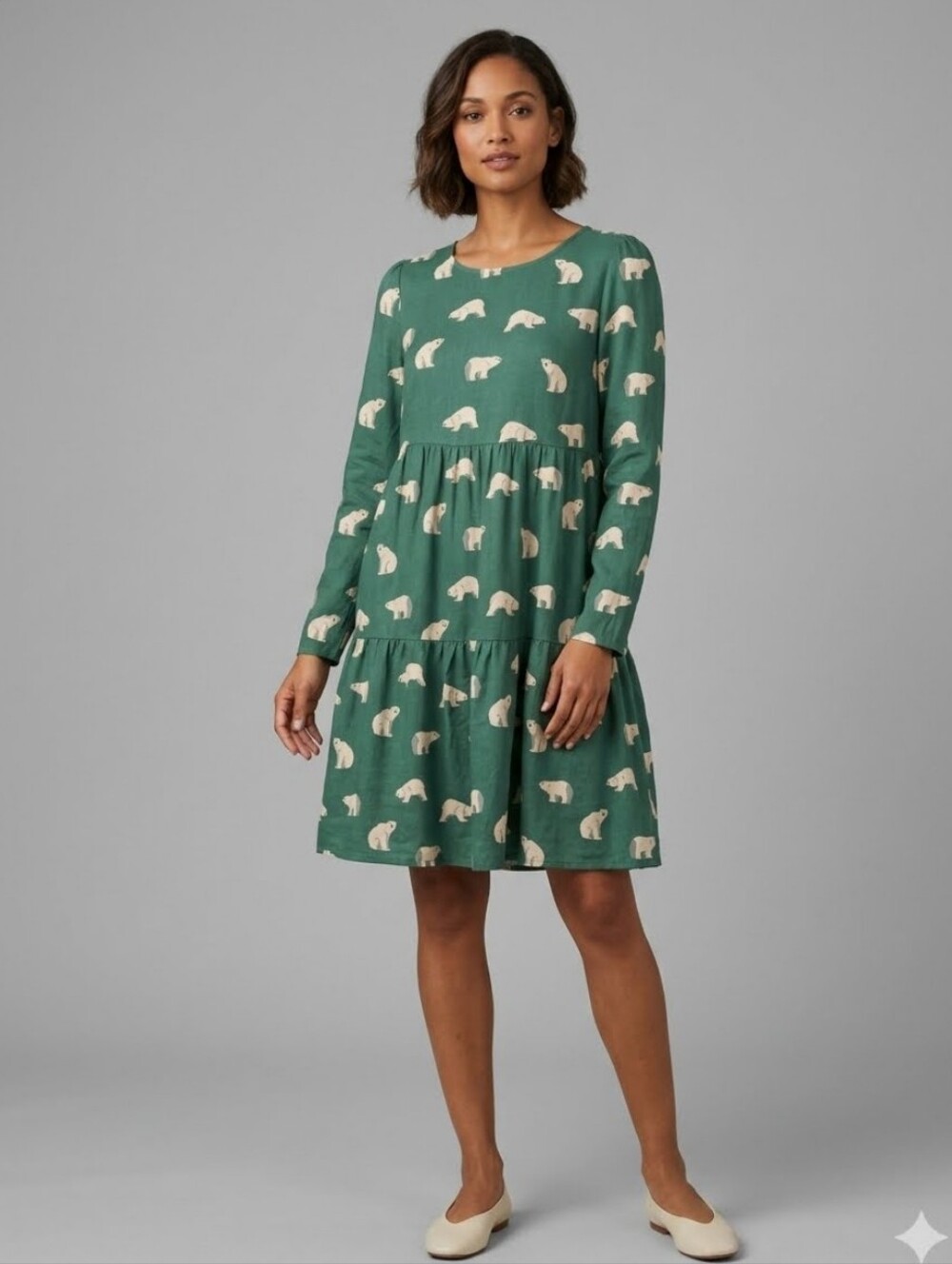 Compania Fantastica Green Polar Bear Tiered Long Sleeve Mini Dress, BNWT, Sz XL